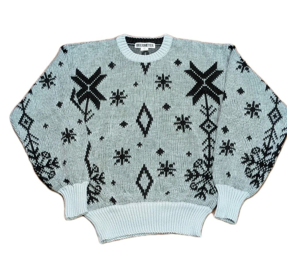 Rare Obermeyer Ski Sweater Men Wool Blend Vtg 80s 1990s Snowflake Sz L Nordic